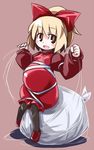  alternate_color blonde_hair blush bow christmas hair_bow kugelschreiber kurodani_yamame ponytail pregnant sack short_hair silk solo touhou yellow_eyes 