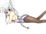  amane_ruri animal_ears bare_shoulders black_eyes blush braid breasts bunny_ears bunny_girl bunny_tail bunnysuit highres kemonomimi_mode large_breasts long_hair lying on_stomach pantyhose sideboob silver_hair solo tail touhou yagokoro_eirin 