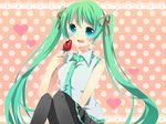  ao_ringo blush chocolate food fruit hatsune_miku heart long_hair pantyhose solo strawberry twintails vocaloid 