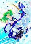  :d armpits bad_id bad_pixiv_id blue_eyes blue_flower blue_rose detached_sleeves flower frog gohei green_hair hair_ornament kochiya_sanae long_hair midriff natsukawa_sarasa one_eye_closed open_mouth pinky_out rose smile solo touhou water 