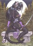  back bench black black_fur black_hair clothed clothing dark_natasha feline female fur hair katana kneeling lo_res long_hair looking_at_viewer looking_back low_res mammal night outside panther pawpads skimpy solo sword weapon 