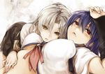  angel_beats! blue_hair breasts hand_on_another's_stomach hands ichinomi large_breasts multiple_girls navel red_eyes school_uniform shiina_(angel_beats!) tenshi_(angel_beats!) white_hair yellow_eyes 