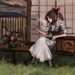  alternate_costume bad_deviantart_id bad_id boots bottle bow box broom commentary donation_box ground_vehicle hair_bow hakurei_reimu hakurei_saite kiseru motor_vehicle motorcycle original pipe ponytail sitting solo touhou weiyang 