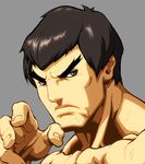  alvin_lee bangs black_hair close-up closed_mouth eyebrows face fei_long fighting_stance frown grey_background hands looking_at_viewer male_focus muscle official_art orange_eyes shirtless simple_background solo street_fighter street_fighter_ii_(series) thick_eyebrows udon_entertainment 