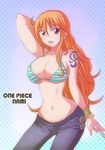  1girl armband bangle bikini_top blush bracelet breasts brown_eyes character_name cleavage copyright_name denim earrings female hips jeans jewelry large_breasts long_hair midriff nami nami_(one_piece) navel nnn one_piece orange_hair pants polka_dot polka_dot_background solo standing tattoo title_drop wide_hips 