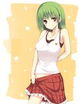  akisa alternate_hairstyle arm_behind_back bad_id bad_pixiv_id bare_shoulders casual collarbone contemporary green_hair highres kazami_yuuka plaid plaid_skirt red_eyes short_hair skirt skirt_pull smile solo touhou 
