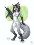  anthro black black_hair black_nose breasts canine corsac_fox digitigrade ear_piercing ear_tag earring female fox fur grey grey_fur gun hair kacey long_hair mammal nipples nude open_mouth piercing plain_background pussy ranged_weapon red_eyes red_hair solo standing submachine_gun tail tsume tsume_zyzco uzi weapon white white_background 