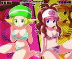  2girls artist_request bare_shoulders baseball_cap bel_(pokemon) bell_(pokemon) beret bikini blonde_hair blue_eyes breasts brown_hair cleavage embarrassed english green_eyes hat large_breasts long_hair multiple_girls navel open_mouth pokemon pokemon_(game) pokemon_black_and_white pokemon_bw ponytail short_hair sitting smile swimsuit touko_(pokemon) white_(pokemon) 