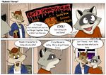  anthro canine closet_coon comic coyote duo ear_piercing earring halloween holidays jeff-kun leafdog male mammal piercing raccoon rodney_waters 