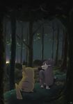  creature dark forest from_behind gen_1_pokemon graphite_(medium) grass ibui_matsumoto light looking_away looking_to_the_side mushroom nature night no_humans pikachu pokemon pokemon_(creature) rattata red_eyes traditional_media tree 