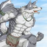  anthro biceps big_muscles bracelet canine clothing flexing fur jewelry loincloth male mammal muscles necklace pecs pose solo tail topless tribal underwear wildheit wolf yellow_eyes 