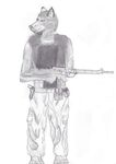 black_and_white body_armor canine digitigrade greyscale gun hylian_&quot;echo&quot;_wolf m16 male mammal monochrome pencil_drawn plain_background ranged_weapon rifle solo weapon white_background 