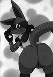  back_turned blush butt female greyscale hi_res looking_at_viewer looking_back lucario monochrome nintendo pok&#233;mon pok&eacute;mon pussy raised_tail solo tail unknown_artist video_games 