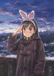  animal_ears bunny_ears cloud coat copyright_request face fake_animal_ears hands saimon salute sky smile snow solo 