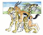  2008 all_fours antelope cheetah eyes_closed feline from_behind gay gazelle heather_bruton licking male nude predator_prey_reversal sex thomson_gazelle tongue turnaround 