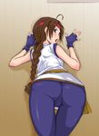  against_wall ass braid brown_eyes brown_hair chiyou_yoyuchi fingerless_gloves gloves headband ryuuko_no_ken solo spandex the_king_of_fighters thigh_gap yuri_sakazaki 