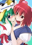  aoro blue_eyes green_hair multiple_girls onozuka_komachi red_eyes red_hair shiki_eiki touhou yuri 