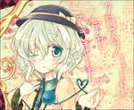  aqua_eyes bad_id bad_pixiv_id green_eyes hat heart heart_of_string komeiji_koishi one_eye_closed rl silver_hair solo symbol-shaped_pupils third_eye touhou translated upper_body 