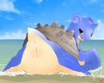 cetacean female feral fuyuno lapras looking_at_viewer looking_back mammal marine nintendo open_mouth pok&#233;mon pok&eacute;mon pussy red_eyes seaside shell solo unknown_artist video_games 
