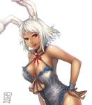  2010 animal_ears bad_id bad_pixiv_id bare_shoulders breasts bunny_ears cleavage dark_skin hand_on_hip large_breasts leotard lieqi_hun lipstick makeup orange_eyes original parted_lips red_eyes short_hair simple_background solo white_hair wrist_cuffs 