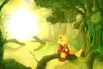  amber_eyes amearare anthro bog canine clothing fox fur leaf lighting male mammal outside solo swamp tail tree wallpaper water wood yellow_fur 