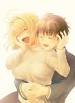  1girl arcueid_brunestud blonde_hair couple happy hetero hug hug_from_behind nichiru sweater toono_shiki tsukihime 