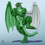  balls biceps big_muscles dragon green green_body green_dragon griz_sylverwing happy male muscles nude open_mouth pecs solo spelunker_sal wings 