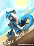  blue blue_hair feline female hair looking_at_viewer mammal pink_eyes sitting solo tattoo tiger tofu93 white_hair 