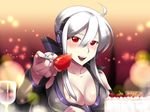  blush breasts caffein cake cleavage cup drinking_glass feeding food fruit highres large_breasts nail_polish pov_across_table pov_feeding purple_nails red_eyes silver_hair smile solo spoon strawberry twintails vocaloid wine_glass yowane_haku 