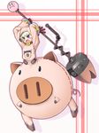  animal_costume blonde_hair blue_eyes blush_stickers chima_q costume hammer highres original pig pig_costume solo tail 