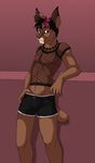  ear_piercing earring feline fishnet girly hair jailbird looking_at_viewer lynx male midriff necklace piercing pointy_ears short_hair shorts simple_background smile solo standing tail 
