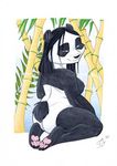  bamboo bear breasts butt chubby female kneeling mammal nude overweight panda plain_background pose side_boob solo unknown_artist white_background 