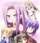  &gt;_&lt; :&lt; =_= artoria_pendragon_(all) blonde_hair brown_hair chibi closed_eyes fate/stay_night fate_(series) green_eyes hair_ribbon illyasviel_von_einzbern katami_shinta matou_sakura multiple_girls purple_eyes purple_hair ribbon rider saber silver_hair toosaka_rin 