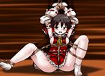  ankle_socks armpits arms_up ascot bdsm blush bondage bound bow breast_bondage brown_eyes brown_hair crotch_rope detached_sleeves hair_bow hakurei_reimu lilish panties rope shibari shibari_over_clothes short_hair solo spread_legs sweat tears touhou underwear 