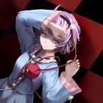  bad_id bad_pixiv_id checkered checkered_floor chirigami-san eyeball hairband hand_on_forehead heart komeiji_satori looking_away lying on_back pale_skin pink_eyes pink_hair purple_eyes purple_hair shading_eyes short_hair solo third_eye touhou 