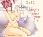  2011 animal_ears bad_id bad_pixiv_id barefoot blue_eyes breasts bunny_ears gunneko large_breasts navel new_year nipples nude open_mouth original plump showering sitting solo water wet 