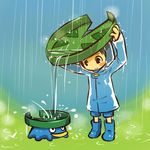  blue_hair blush_stickers boots gen_3_pokemon hitec leaf lotad moemon personification pokemon pokemon_(creature) pouring rain raincoat shorts smile water 