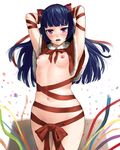  arms_up blue_hair blush bow breasts capelet christmas confetti gokou_ruri highres lasterk long_hair mole mole_under_eye naked_ribbon navel nipples nude ore_no_imouto_ga_konna_ni_kawaii_wake_ga_nai purple_eyes ribbon small_breasts solo wide_hips 