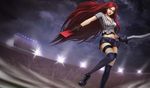  artist_request card dagger holding holding_card katarina_du_couteau league_of_legends midriff official_art penalty_card red_card red_card_katarina red_hair referee soccer solo thighhighs weapon 