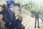  bird blue_hair demon green_hair hair koi_(artist) male pandemonium_company stairs suit wings 