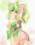  alternate_hairstyle ass blonde_hair blue_eyes blush breasts bridal_gauntlets choker cleavage dress dress_lift forehead_jewel hair_ribbon large_breasts mokomoko_yanakku panties ribbon riesz see-through seiken_densetsu seiken_densetsu_3 solo thong underwear white_panties 