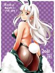  animal_ears ass back-seamed_legwear bunny_ears bunny_tail bunnysuit idolmaster idolmaster_(classic) long_hair one-piece_thong panties pantyhose red_eyes seamed_legwear shijou_takane solo tail underwear white_hair yurikawa 