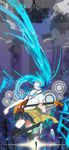  aqua_eyes aqua_hair fuyuno_haruaki guitar hatsune_miku highres instrument jumping long_hair necktie skirt solo thighhighs twintails very_long_hair vocaloid zettai_ryouiki 