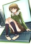  brown_eyes brown_hair computer crossdressing danganronpa danganronpa_1 dutch_angle fujisaki_chihiro inu_(aerodog) kneehighs knees_touching laptop looking_at_viewer otoko_no_ko panties pantyshot pantyshot_(sitting) parted_lips pigeon-toed pleated_skirt school_uniform shirt sitting skirt underwear white_panties 