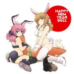  animal_ears aqua_eyes back bikini black_bikini boots breasts brown_hair bunny bunny_ears bunny_girl bunny_tail carrot christina_sierra cleavage feldt_grace fur green_eyes gundam gundam_00 long_hair looking_back medium_breasts multiple_girls new_year pink_hair plum_(arch) side-tie_bikini sitting swimsuit tail thighhighs twintails v_arms wariza white_bikini 