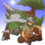  boots fingerless_gloves gen_4_pokemon gloves grey_hair helmet hitec male_focus moemon personification pokemon pokemon_(creature) sitting sun torterra tree yellow_eyes 