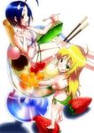  :p ahoge bad_id bad_pixiv_id barefoot bikini blonde_hair blue_hair breasts cherry cleavage eating food from_behind fruit green_eyes hoshii_miki ice_cream idolmaster idolmaster_(classic) in_food long_hair looking_back medium_breasts melon minigirl miura_azusa multiple_girls pocky red_eyes short_hair sitting smile sonsoso strawberry swimsuit tongue tongue_out 