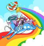  cloud clouds colorful epic eusine feral flying group happy ho-oh humor legendary_pok&#233;mon lol male morty nintendo pok&#233;mon pok&eacute;mon rainbow riding suicune tongue tongue_out toony unknown_artist video_games what 