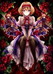  absurdres alice_margatroid black_legwear blonde_hair blue_eyes blush capelet doll flower hairband highres lance long_hair pantyhose polearm red_flower red_rose rose shanghai_doll short_hair sitting smile solo sword touhou v_arms weapon yosuke 