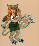  &hearts; blue_claws blue_eyes ceranid claws clothing female hair hybrid long_hair looking_at_viewer mammal marsupial nae opiumrevolution orange_hair pink_skin purple_skin shorts smile solo 